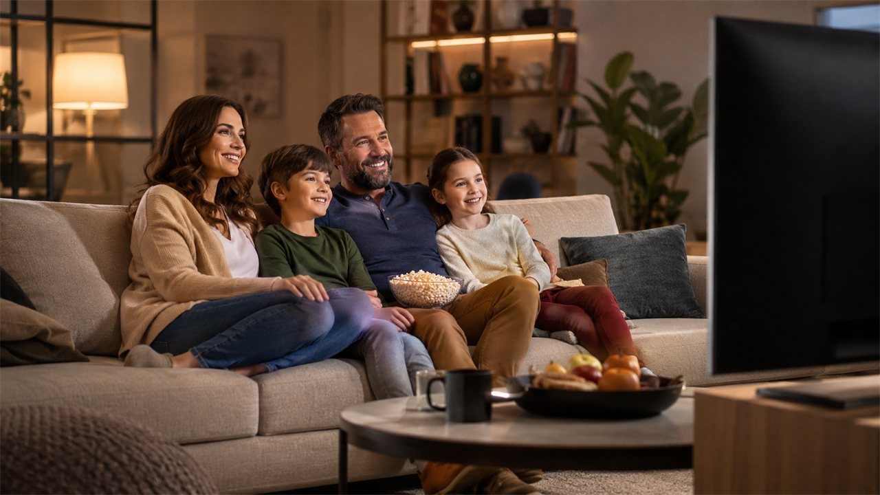 Familia viendo televisión en casa